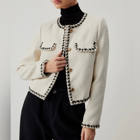 Commense Old Money Tweed Contrast Trim Metallic Button Jacket Cropped Blazer - Picture 1 of 8